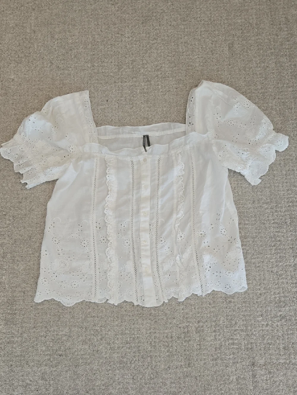 Anthropologie White Eyelet Puff-Sleeve Button Front Blouse
